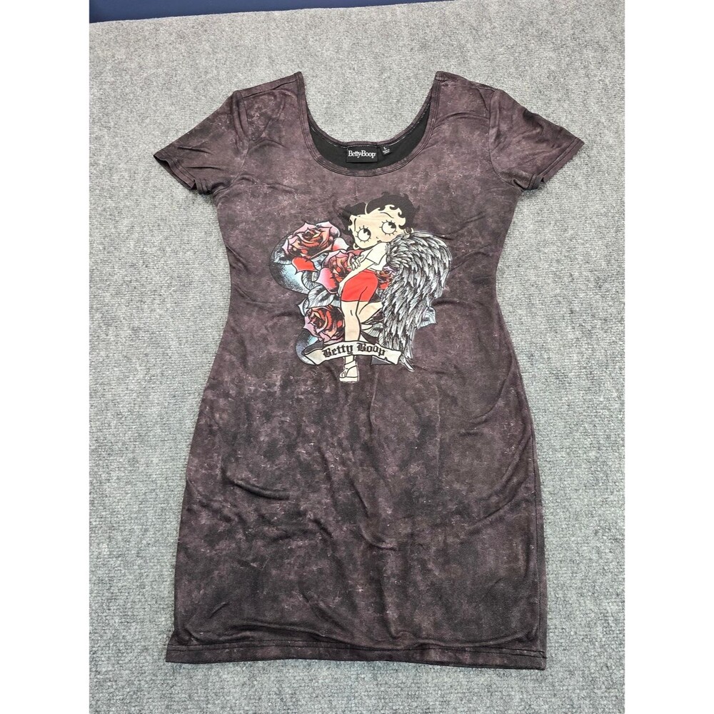 Betty Boop Tee Dress Womens L Black Angel Wings Roses Tattoo Graphic Goth